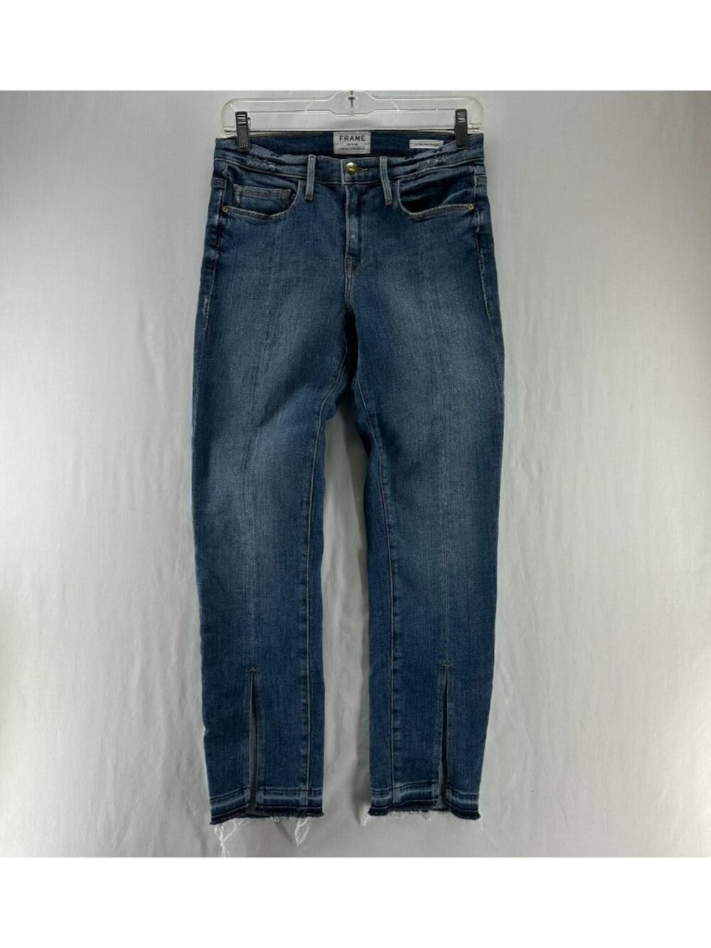 Frame Le Nouveau Straight Split Hem Jeans Womens 26 Sheffield Wash Raw Hem Blue